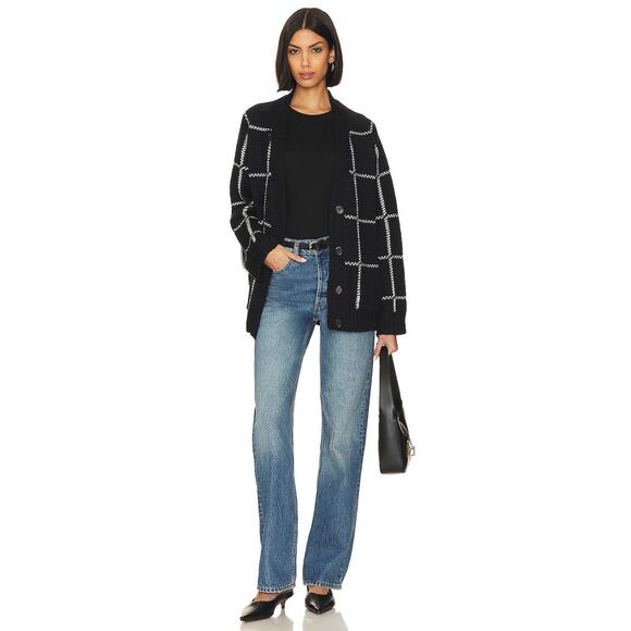 Anine Bing Cardigan Kurt Black Plaid Knitted Front Button Long Sleeve Sz M - Picture 1 of 7